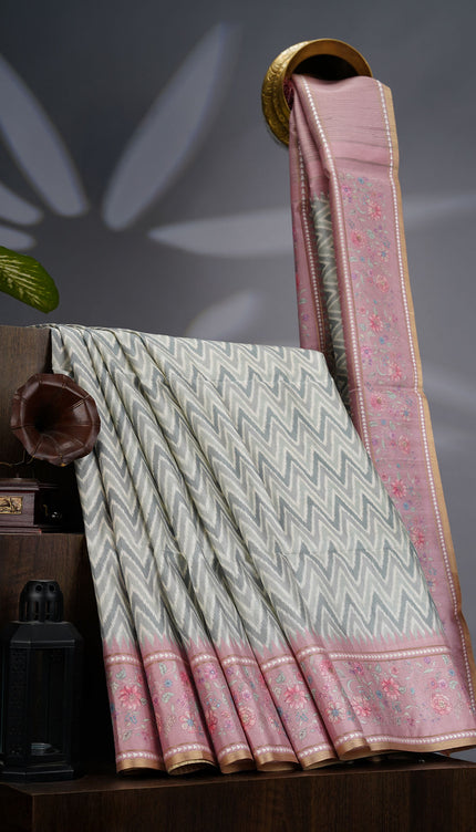 Tusser Silk Saree with Floral Print Border- Light Green