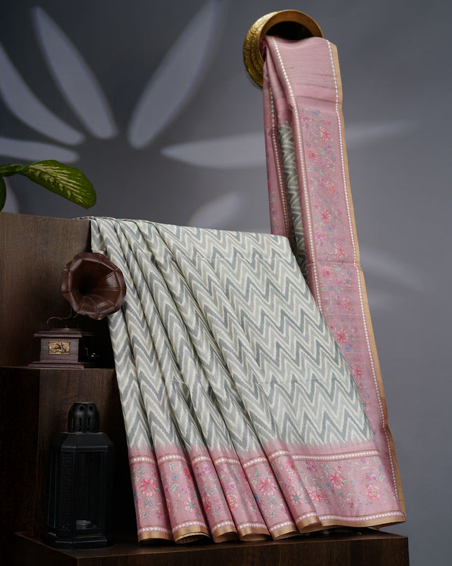 Tusser Silk Saree with Floral Print Border- Light Green