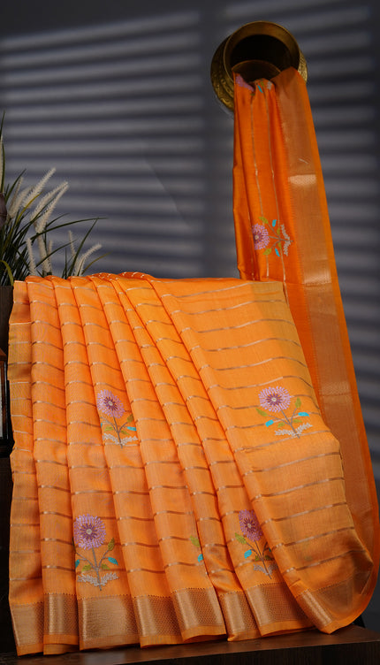 Chanderi Silk Gold Zari Border Thread Embroidery Butties - Mustered