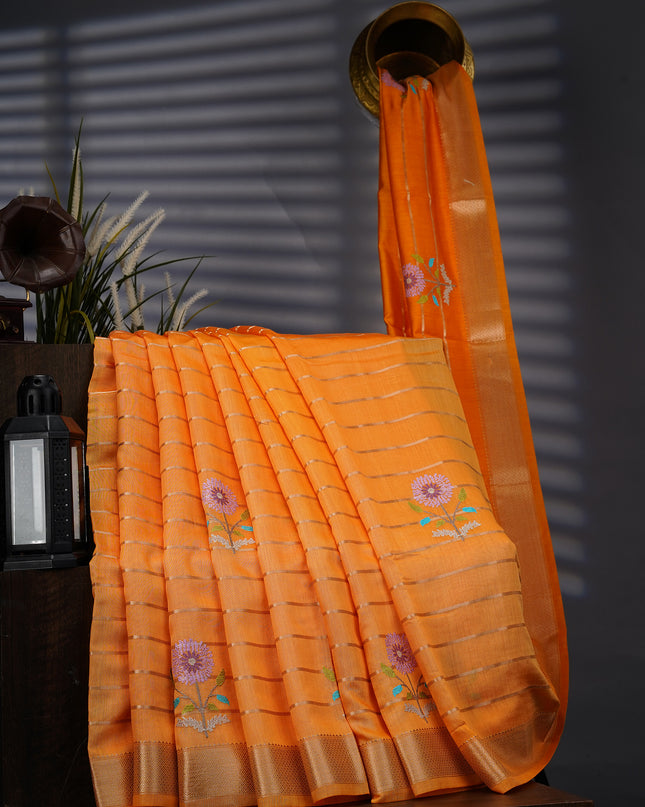 Chanderi Silk Gold Zari Border Thread Embroidery Butties - Mustered