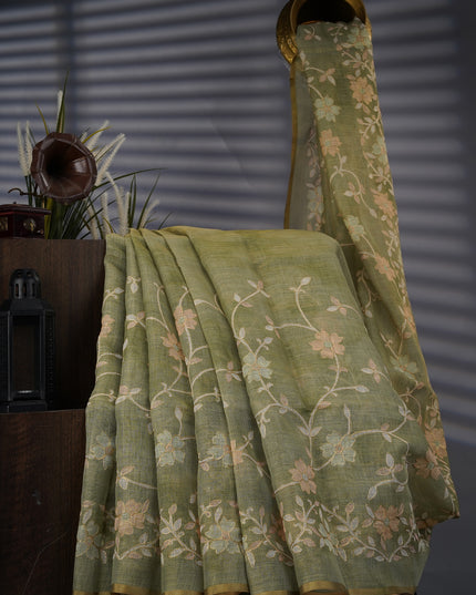 Tissue Linen Saree With Floral Print And Ari Work - Green