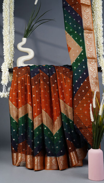 Korean Crepe Sarees with Gold Butties and Gold Border- Bottle Green