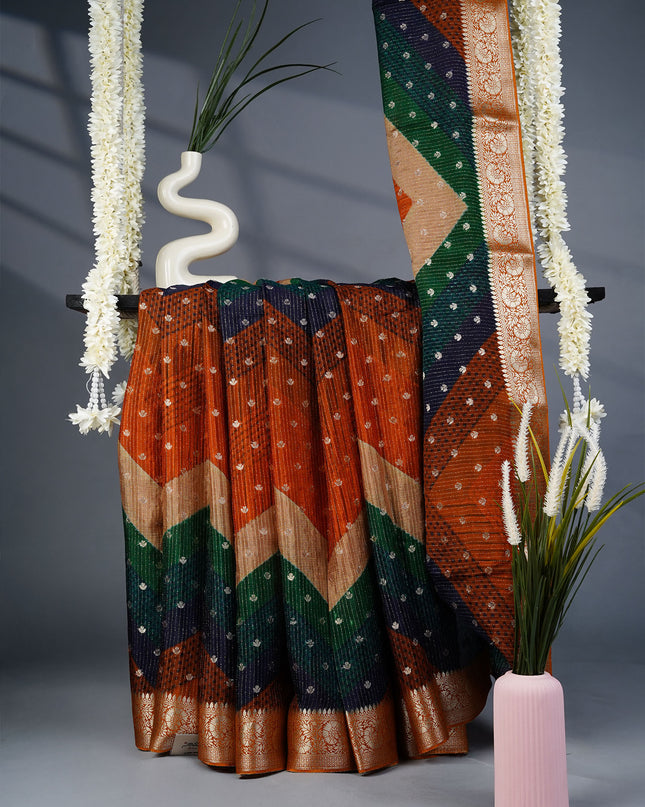 Korean Crepe Sarees with Gold Butties and Gold Border- Bottle Green