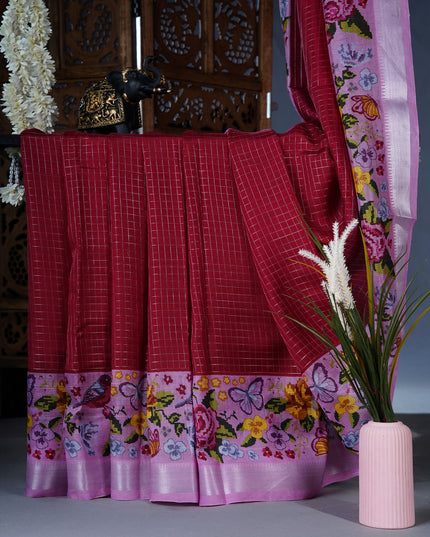 dola silk sarees with checks and floral print border - Pink