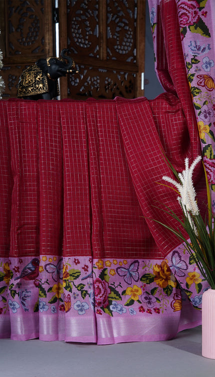 dola silk sarees with checks and floral print border - Pink