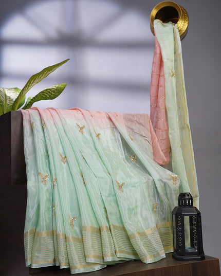 Russian Crepe with Kardhana Sequence Butties and Banaras Border - Pista Green