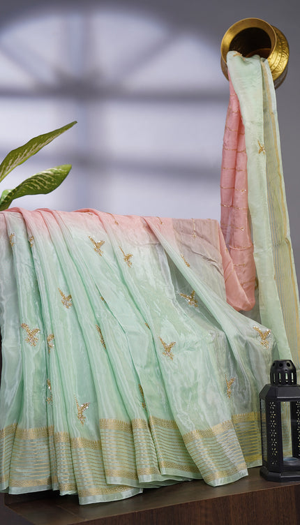 Russian Crepe with Kardhana Sequence Butties and Banaras Border - Pista Green