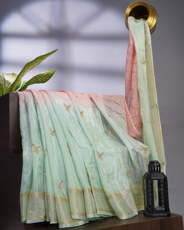 Russian Crepe with Kardhana Sequence Butties and Banaras Border - Pista Green