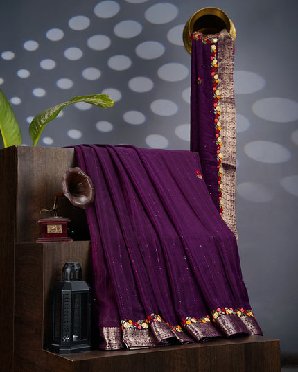 Wrinkle Crepe with Thread Embroidery Work Border- Violet