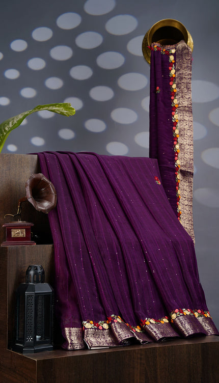 Wrinkle Crepe with Thread Embroidery Work Border- Violet