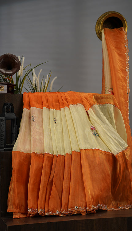 Italian Crape Rangkat Style With Scallop Border With Embroidery Hand Work - Orange