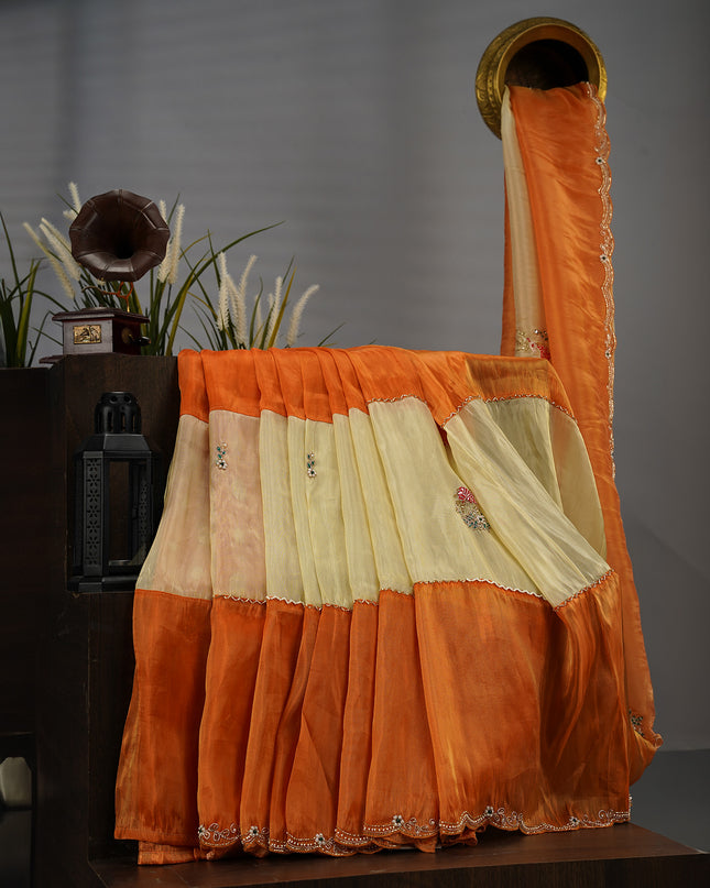 Italian Crape Rangkat Style With Scallop Border With Embroidery Hand Work - Orange