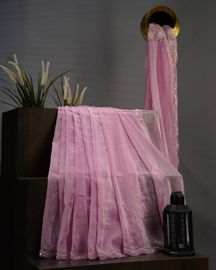 Italian Crape Saree Kardana & Pearl Hand Work With Scallop Border - Pink