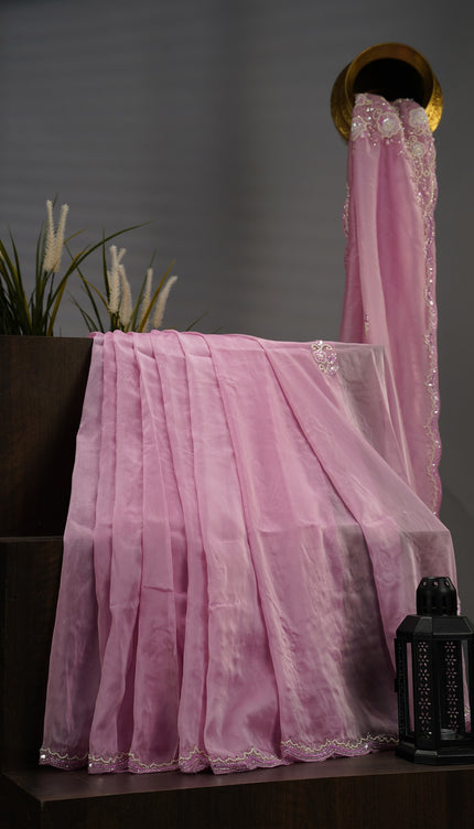 Italian Crape Saree Kardana & Pearl Hand Work With Scallop Border - Pink