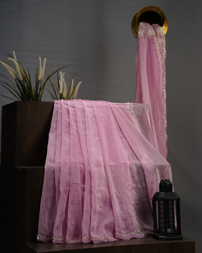 Italian Crape Saree Kardana & Pearl Hand Work With Scallop Border - Pink