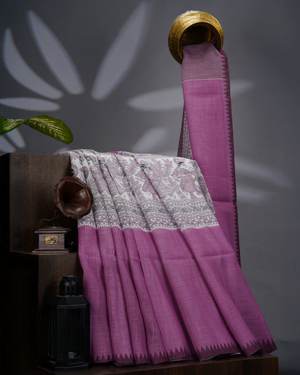 Lenin Silk Saree with Madhubani Print with Contrast Border- Lailak