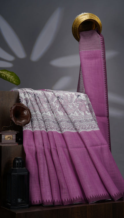 Lenin Silk Saree with Madhubani Print with Contrast Border- Lailak