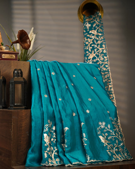 Soft Velvet Saree with Gold Laharia Pattern Work With Scallop Border - Rama Green