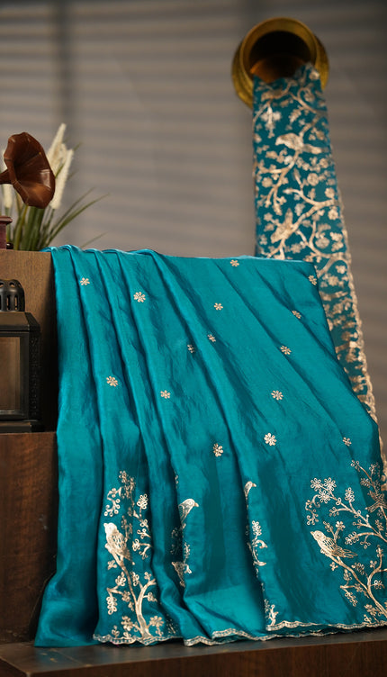 Soft Velvet Saree with Gold Laharia Pattern Work With Scallop Border - Rama Green