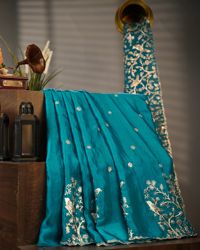 Soft Velvet Saree with Gold Laharia Pattern Work With Scallop Border - Rama Green