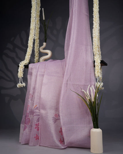 Soft Organza Saree with Gold and Silver Lines and Embroidery Thread Work- Lavender