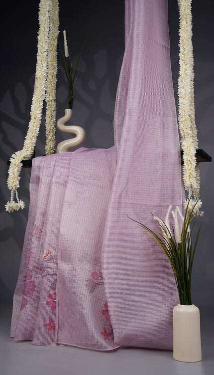 Soft Organza Saree with Gold and Silver Lines and Embroidery Thread Work- Lavender