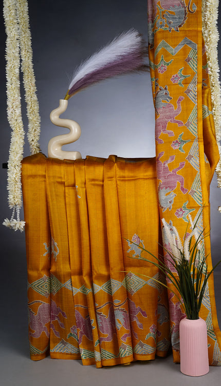 Pure Silk Saree With Horse Print - Yellow