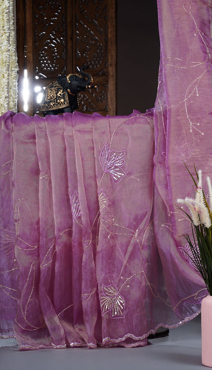 Tissue Organza saree with kardana and sequence work and scallop border. - Lavender