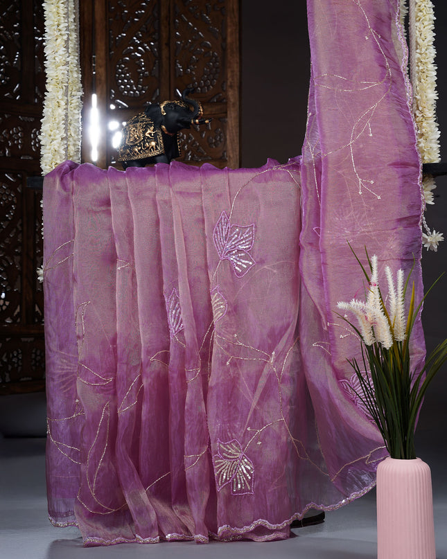 Tissue Organza saree with kardana and sequence work and scallop border. - Lavender