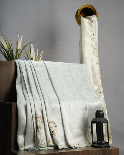 Monga Georgette With Scallop Border & Zardosi Hand Work - Blue