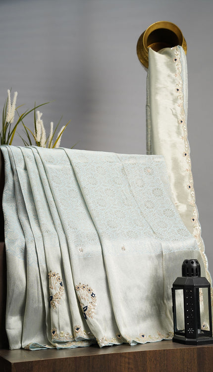 Monga Georgette With Scallop Border & Zardosi Hand Work - Blue