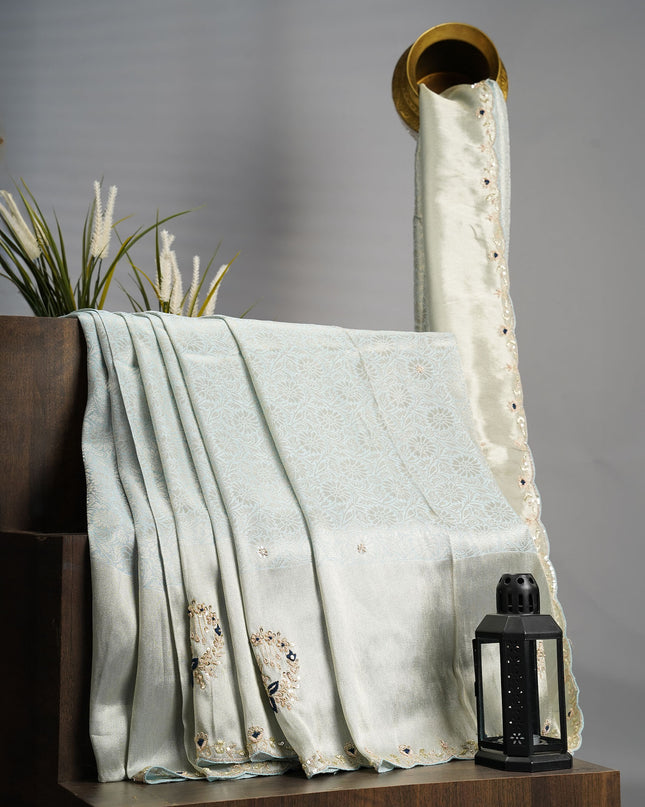 Monga Georgette With Scallop Border & Zardosi Hand Work - Blue