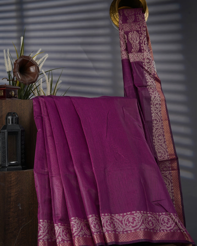Chanderi Silk With Thread Weaving Golden Border - Purple