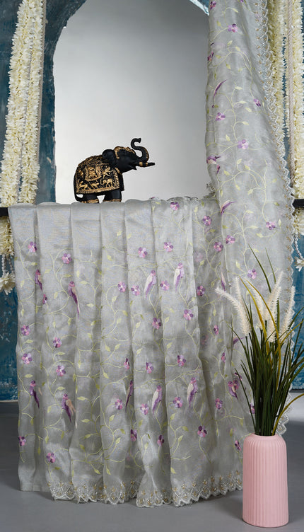 Tissue Georgette saree with thread Embroidered work and scallop border - Grey