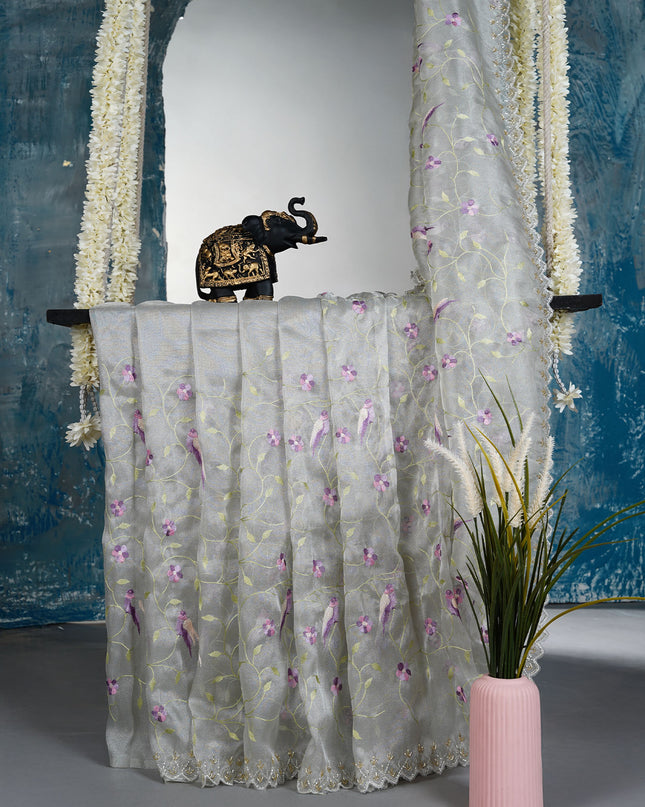 Tissue Georgette saree with thread Embroidered work and scallop border - Grey