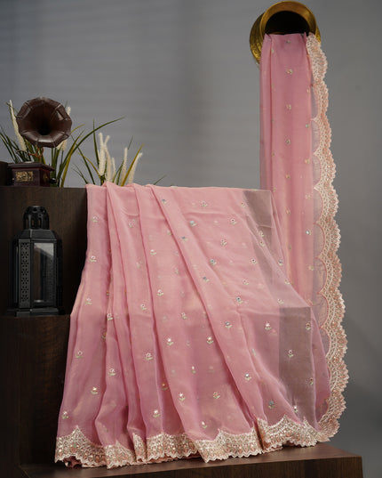 Soft Tissue Organza With Thread Embroidery Butties With Scallop Border - Pink