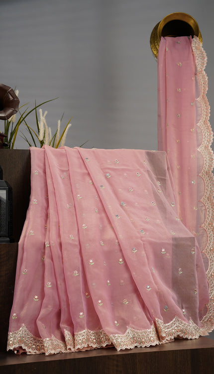 Soft Tissue Organza With Thread Embroidery Butties With Scallop Border - Pink