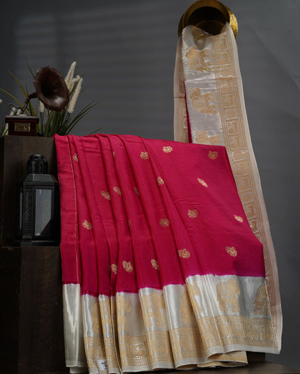 Dola Silk Saree With White Border Golden Zari Butties - Pink