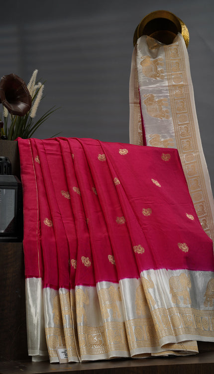 Dola Silk Saree With White Border Golden Zari Butties - Pink