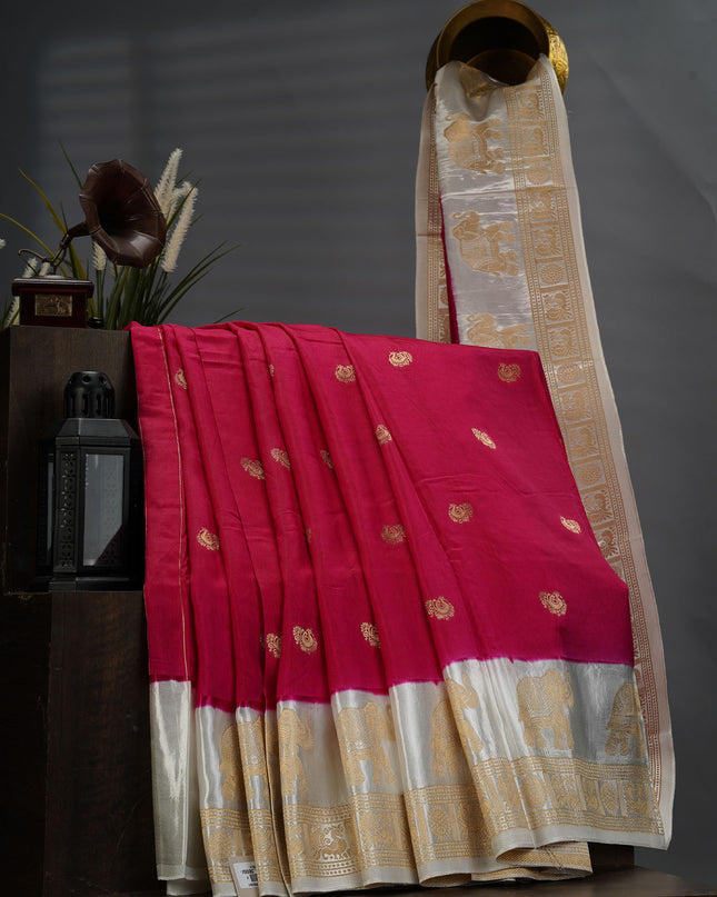 Dola Silk Saree With White Border Golden Zari Butties - Pink