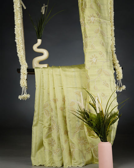 Kora Dupion Saree with Applique Work and Scallop Border- Light Green