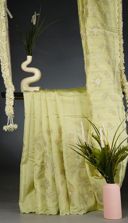 Kora Dupion Saree with Applique Work and Scallop Border- Light Green