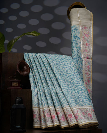 Tusser Silk Saree With Floral Print Border - Blue