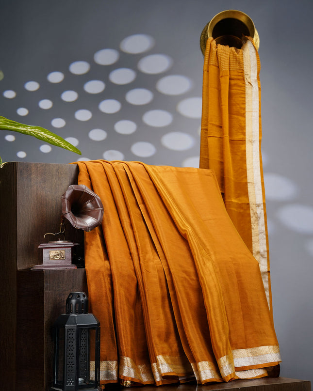 Binny Crepe Silk Saree With Golden Silver Zari Border - MUSTERED