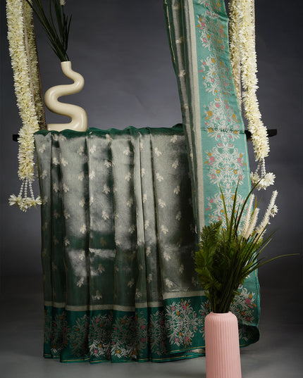 Tissue Banarasi Silk Saree with gold Zari Butties and Meenakari Border- Green