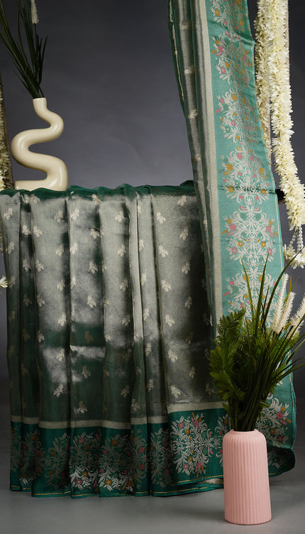 Tissue Banarasi Silk Saree with gold Zari Butties and Meenakari Border- Green