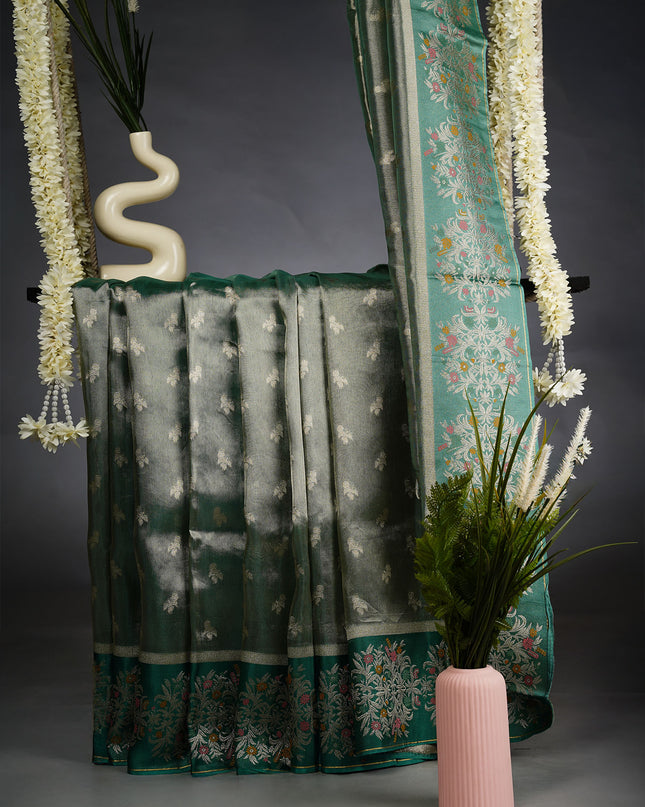 Tissue Banarasi Silk Saree with gold Zari Butties and Meenakari Border- Green