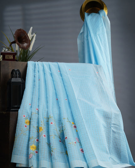 Mangalagiri Silk Saree Embroidery Work With Border - Sky Blue