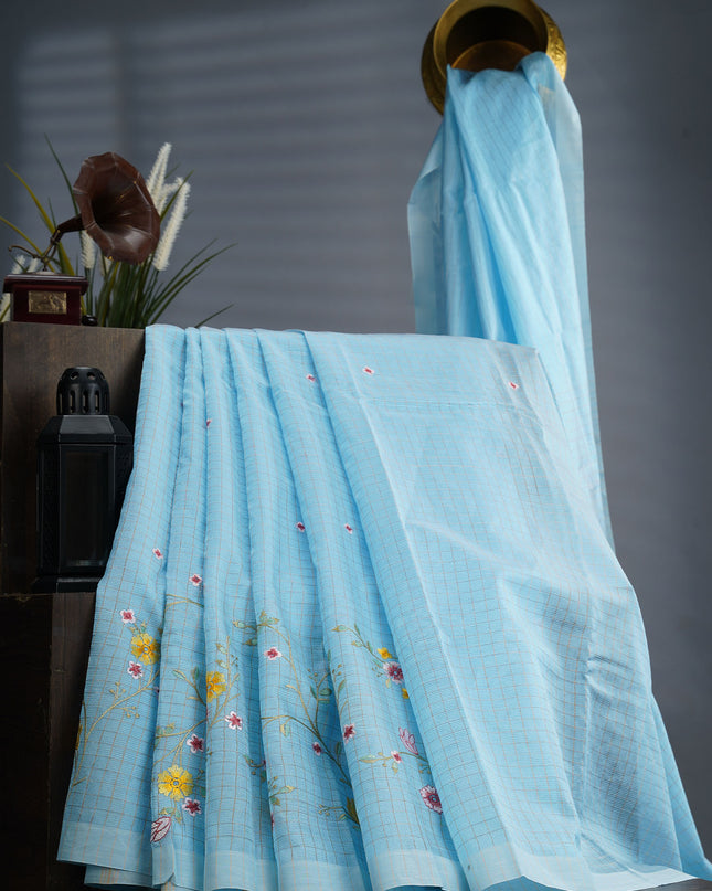 Mangalagiri Silk Saree Embroidery Work With Border - Sky Blue