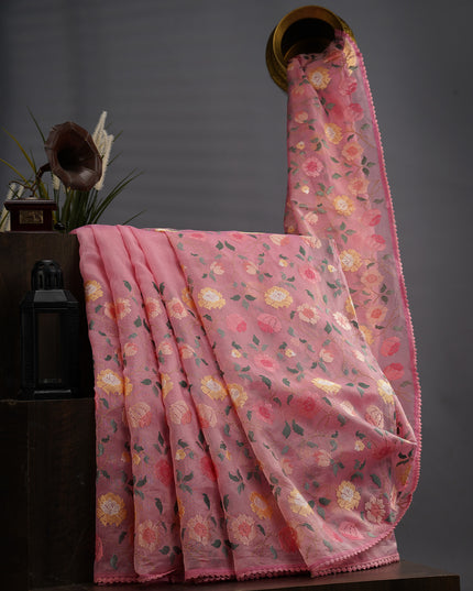 Tissue Linen Saree With Thread Embroidery with Lace Border - Light Pink